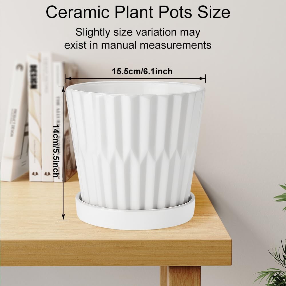 EFISPSS 6 Inch Pots for Indoor Plants,Ceramic Plant Pots,Planters with Drainage Hole and Saucer, Flower Pots Desktop Office Windowsill Decoration Gift Set of 2 - White