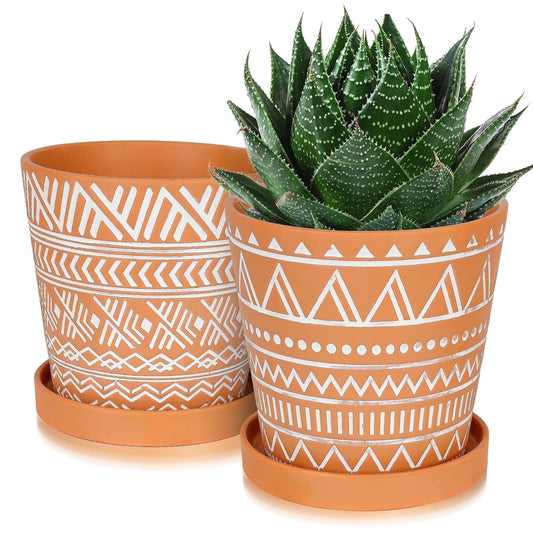 BUYMAX 6 inch Terracotta Pots with Drainage Hole & Saucer, Modern Geometric Planter Set of 2 in Terracotta Red- Boho Indoor Outdoor Flower Pots