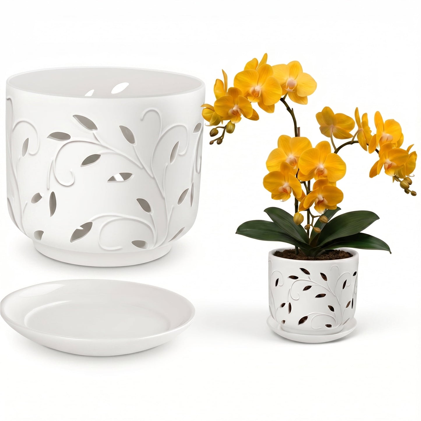 BUYMAX 7 Inch White Ceramic Orchid Pot with Drainage Holes & Tray | Large Indoor Outdoor Planter for Repotting & Orchid Care