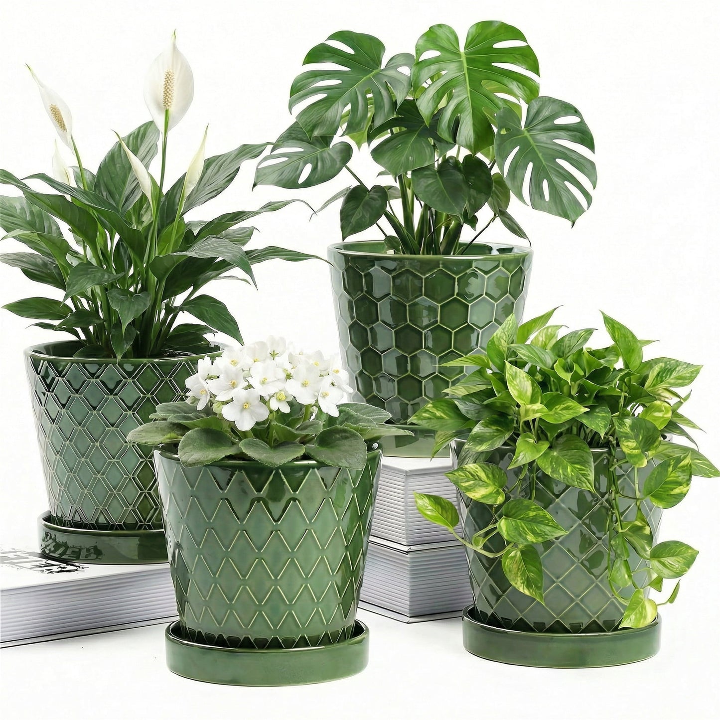 BUYMAX 5" Ceramic plant pots with drainage hole and tray, 4-Pack-4-patterns, gardening home desktop office windowsill decoration£¬ patina flower pots indoor