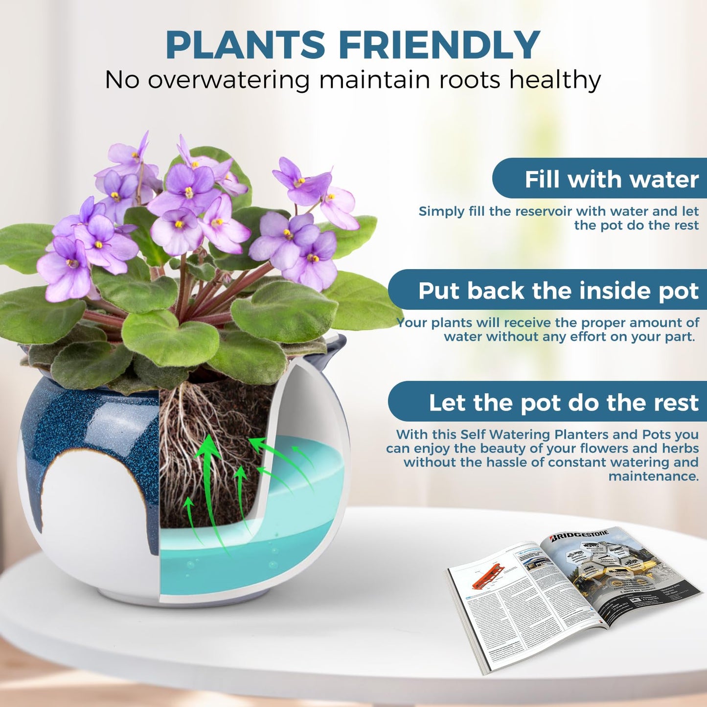 EFISPSS 6 Inch Ceramic Self-Watering African Violet Pot | Kiln Glazed Blue & White