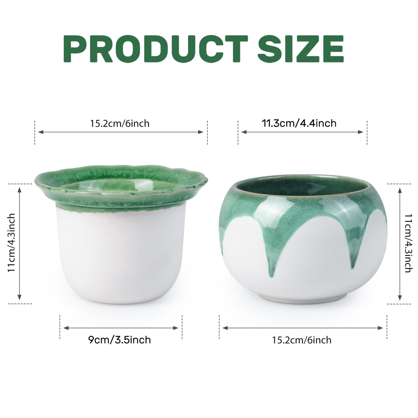 EFISPSS 6 Inch Ceramic Self-Watering African Violet Pot | Kiln Glazed Green & White