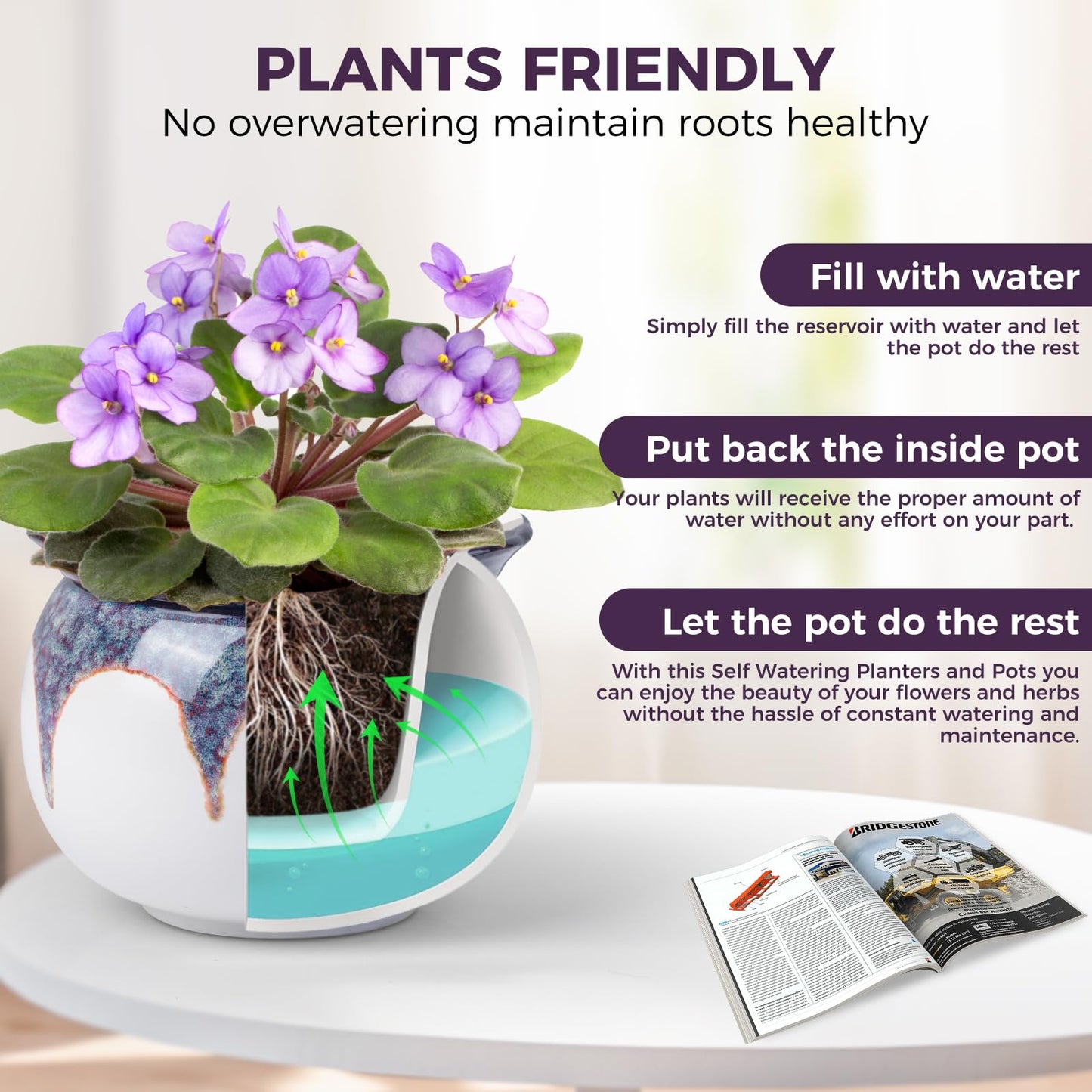 EFISPSS 6 Inch Ceramic Self-Watering African Violet Pot | Kiln Glazed Red & White