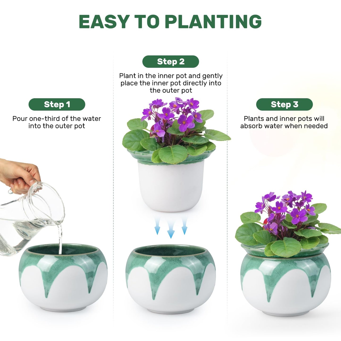 EFISPSS 6 Inch Ceramic Self-Watering African Violet Pot | Kiln Glazed Green & White