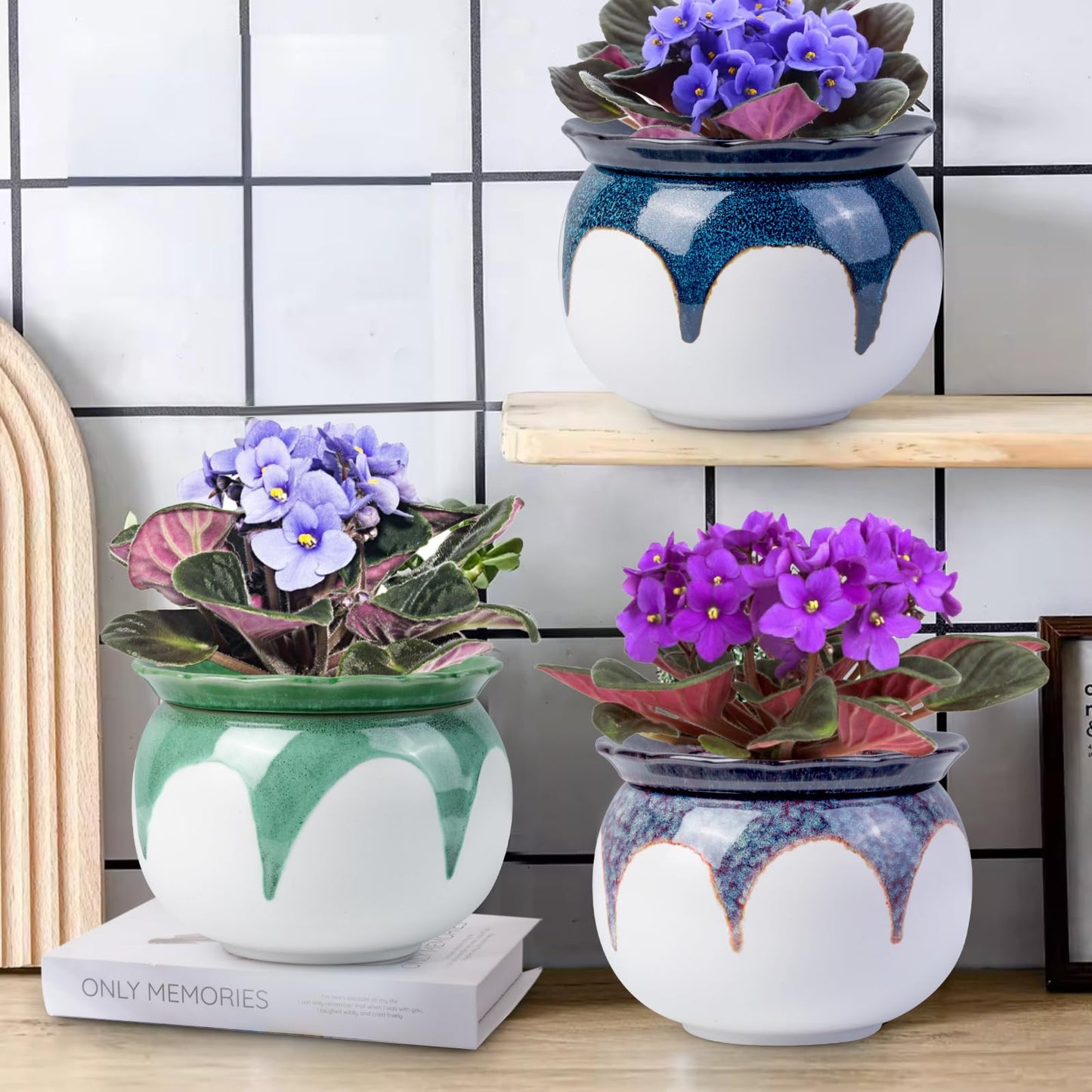 EFISPSS 6 Inch Ceramic Self-Watering African Violet Pot | Kiln Glazed Blue & White