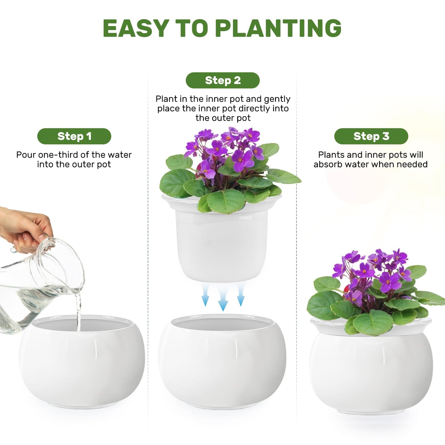 EFISPSS 8 Inch Ceramic Self-Watering Plant Pot | African Violet Pot, Indoor, White