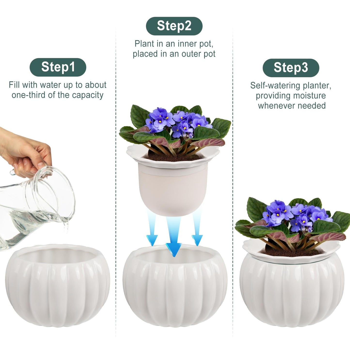 EFISPSS 6 Inch White Pumpkin Ceramic Self-Watering Planter | Decorative Pot for African Violets & Succulents