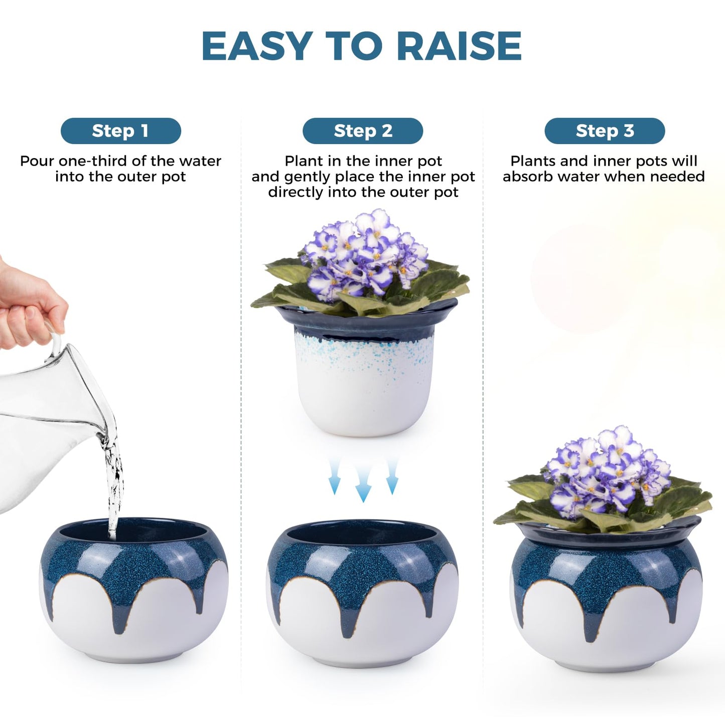 EFISPSS 6 Inch Ceramic Self-Watering African Violet Pot | Kiln Glazed Blue & White