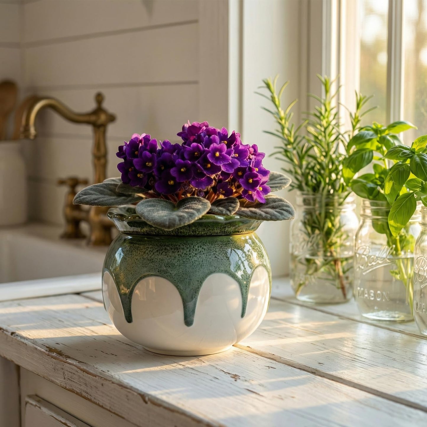 EFISPSS 6 Inch Ceramic Self-Watering African Violet Pot | Kiln Glazed Green & White