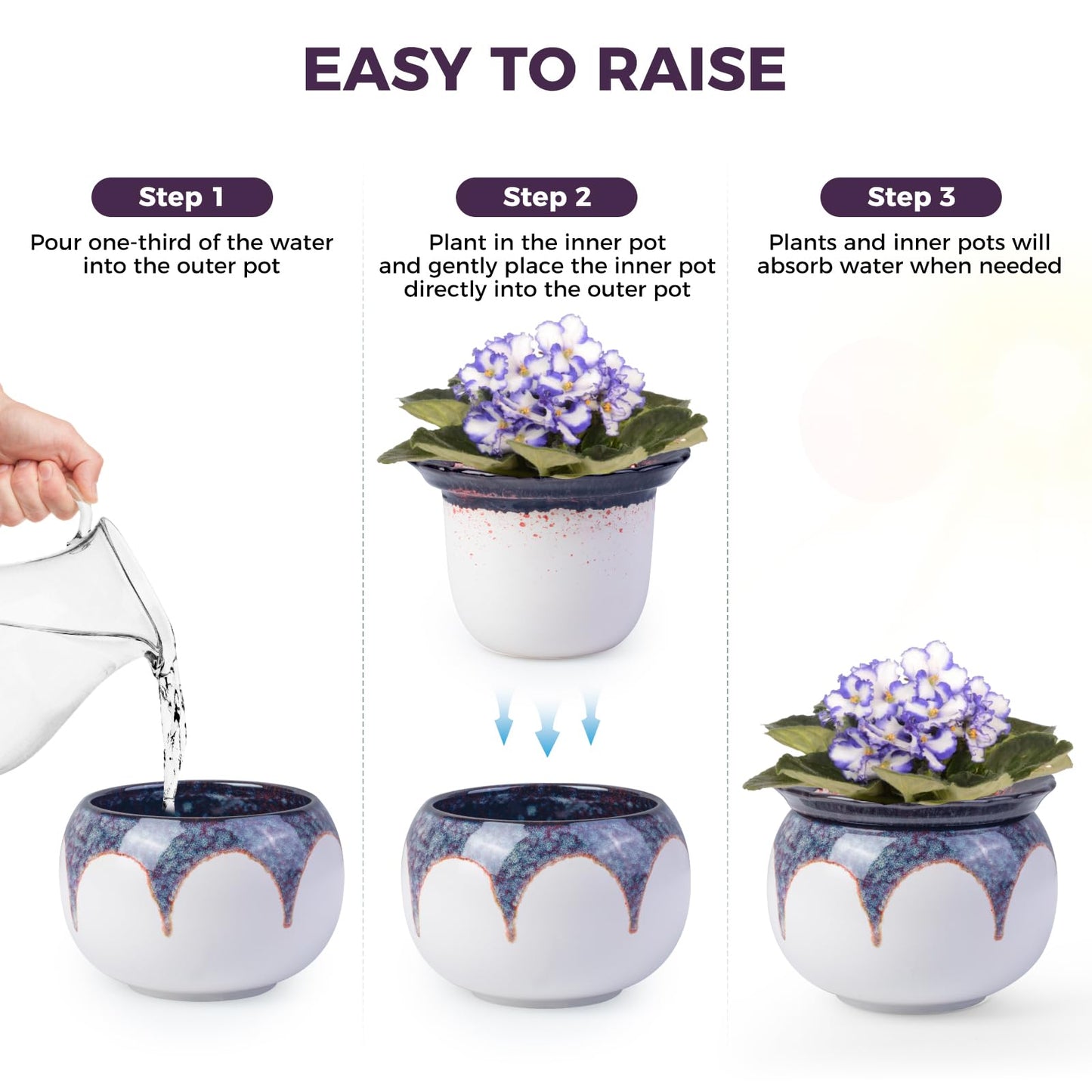EFISPSS 6 Inch Ceramic Self-Watering African Violet Pot | Kiln Glazed Red & White
