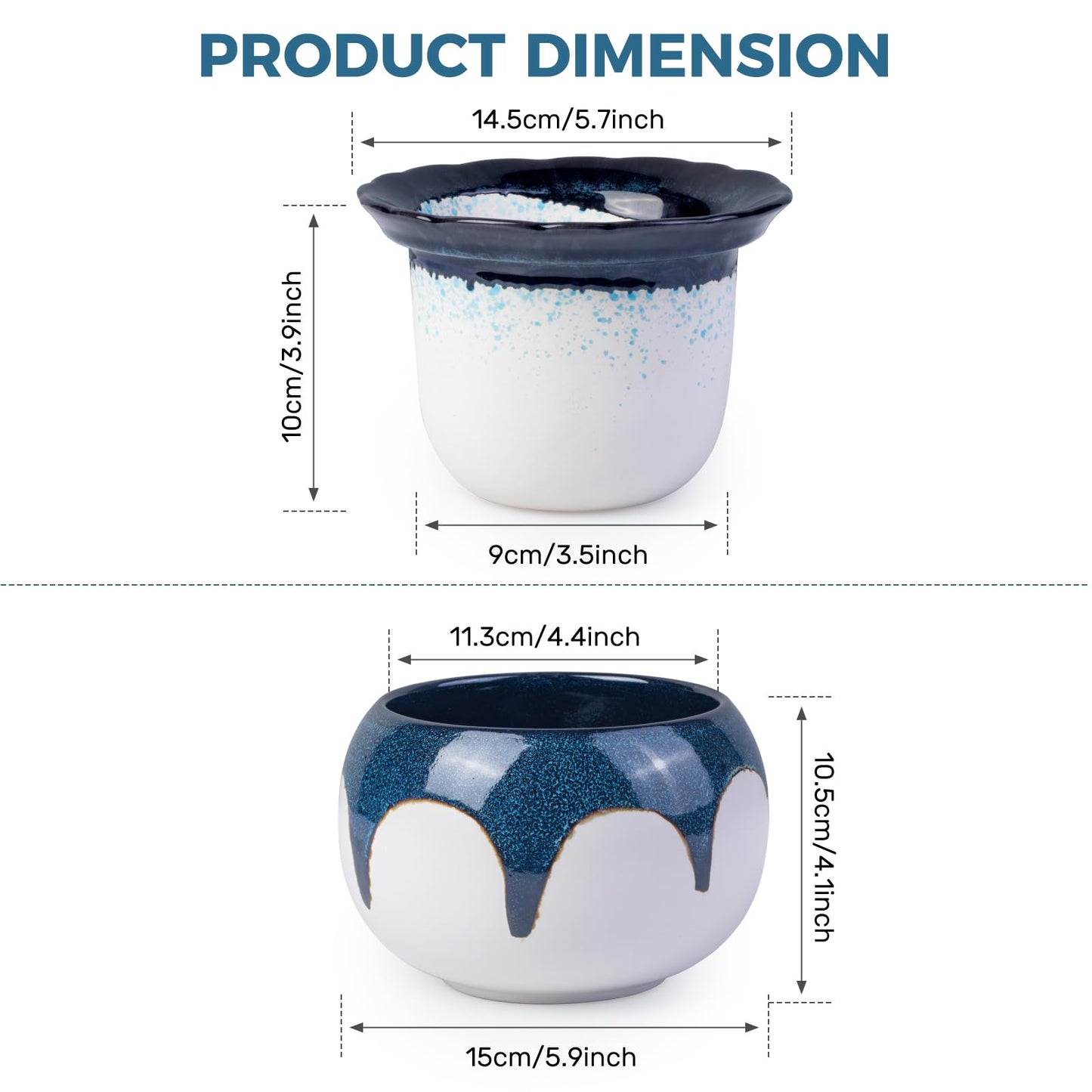 EFISPSS 6 Inch Ceramic Self-Watering African Violet Pot | Kiln Glazed Blue & White